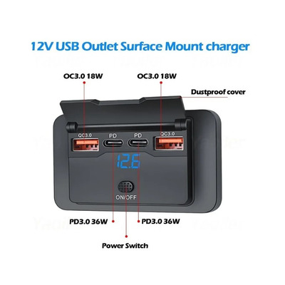 Вольтметр для инвертора 4 порта 12V 108W PD+QC3.0 USB зарядное устройство Изображение
